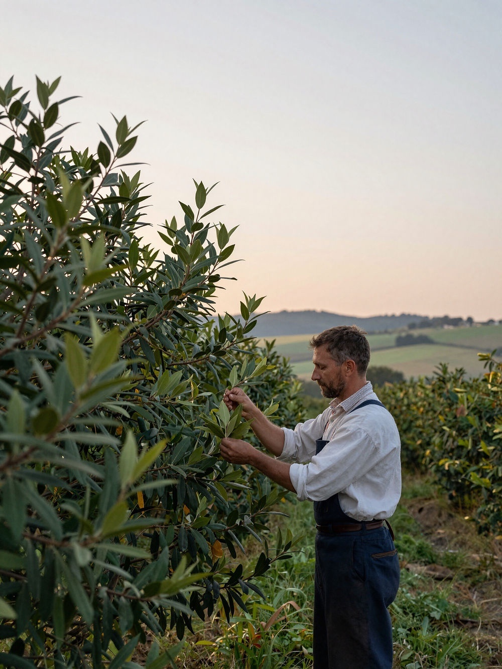 Bay laurel plants being examined in a cultivated grove